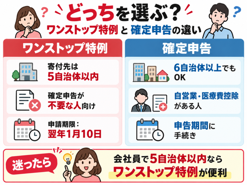ワンストップ特例と確定申告の違いを寄付先自治体数・利用条件・申請時期で比較した表